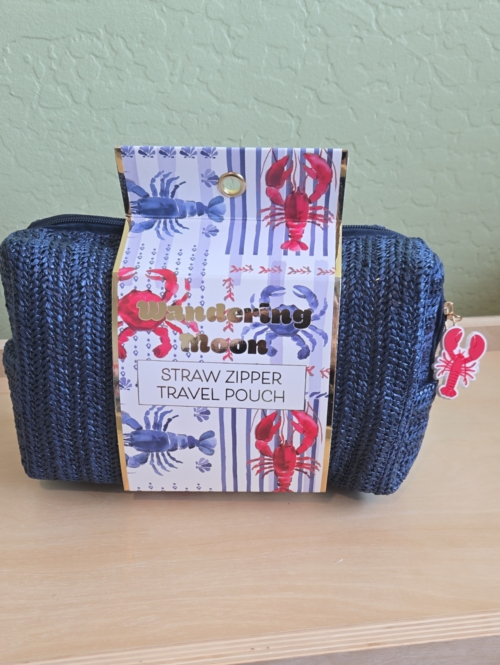 Navy Straw Zipper Travel Pouch NEW